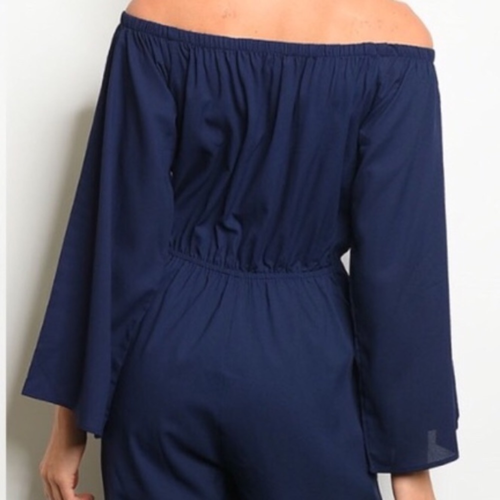 NAVY BLUE OFF THE SHOULDERS SMOCK JUMPSUIT - Picture 2 of 7